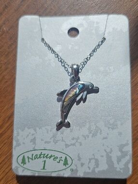 New Silver Dolphin Pendant Necklace with Abalone Inlay - Silver From Sea World